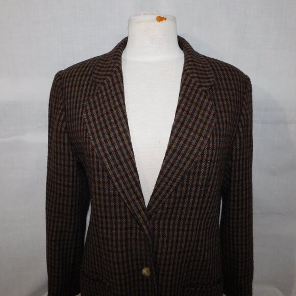 Vintage Van Heusen For Her Womens M Brown Black Check Single Breast Blazer - Picture 2 of 11